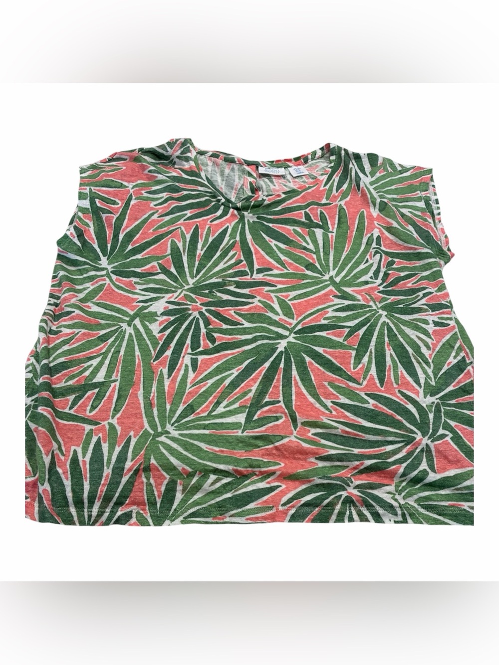 Sigrid Olsen Green Palm-Print Short Sleeve Tee with Coral Base Sz XL linen
